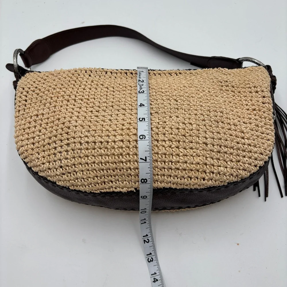 Brighton Woven Straw Leather Shoulder Bag Brown‎ Fringe Trim Boho Hobo